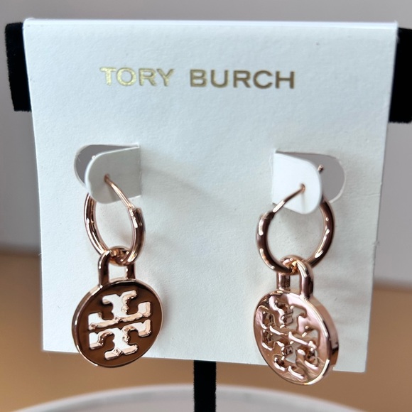 Tory Burch Jewelry - Tory Burch Rose Gold Hanging Hoop Earrings NEW